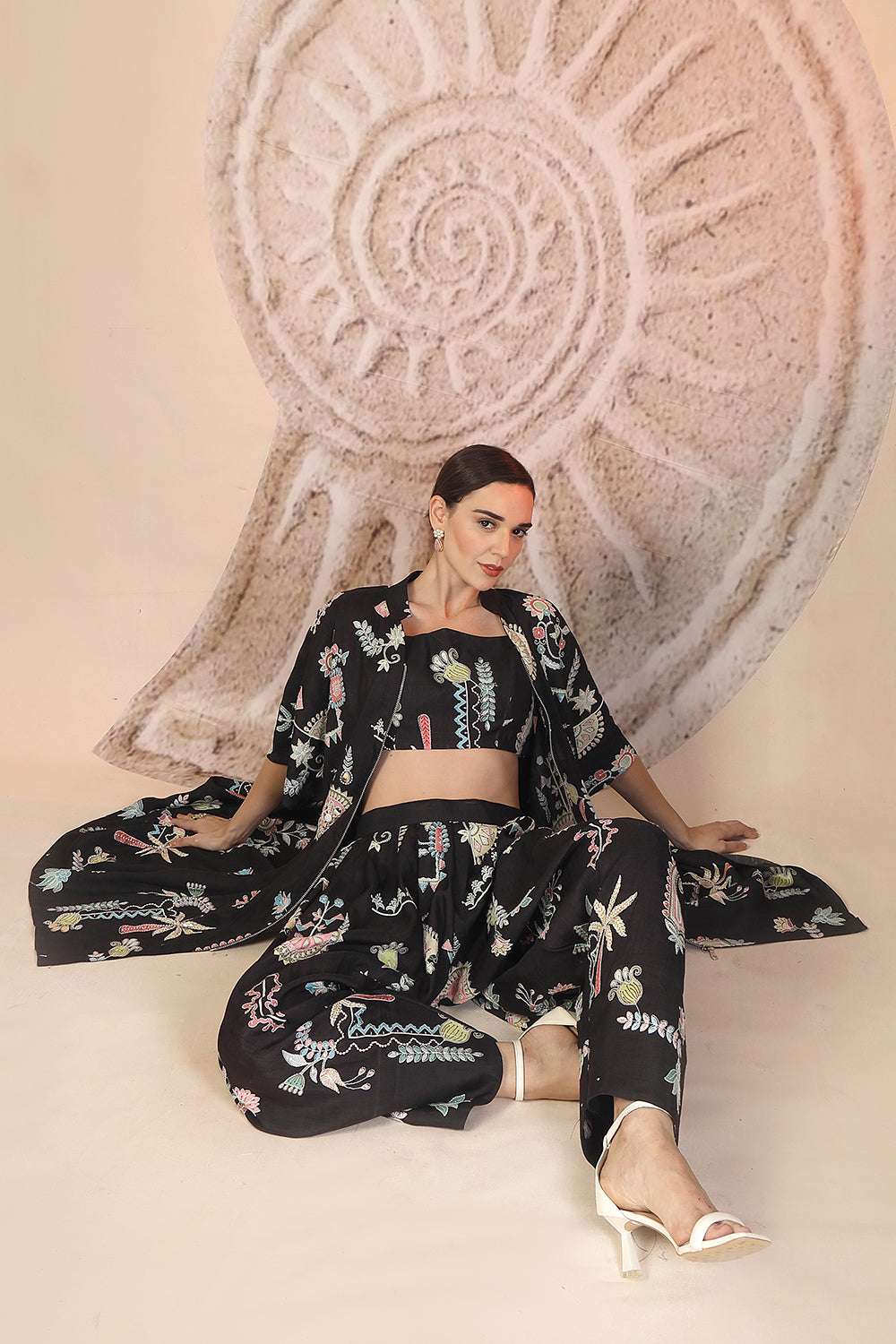 Black Slub Cotton 3-Piece Set with Harem Pants & Tribal Detailing