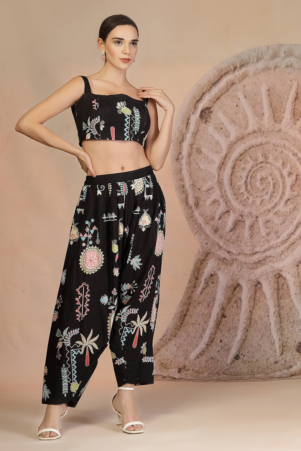 Black Slub Cotton 3-Piece Set with Harem Pants & Tribal Detailing