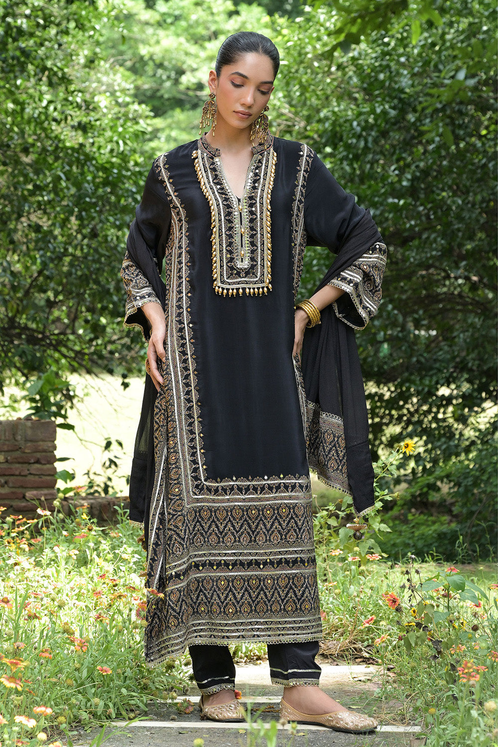 Black Solid Crepe A Line Long Suit With Printed Detailing