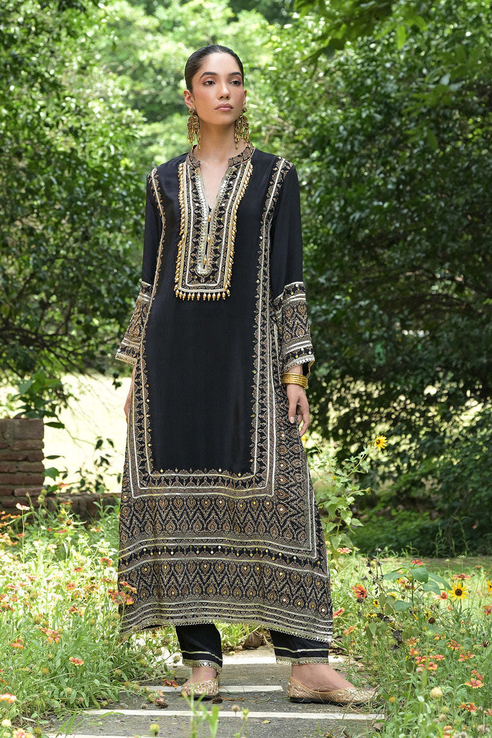 Black Solid Crepe A Line Long Suit With Printed Detailing