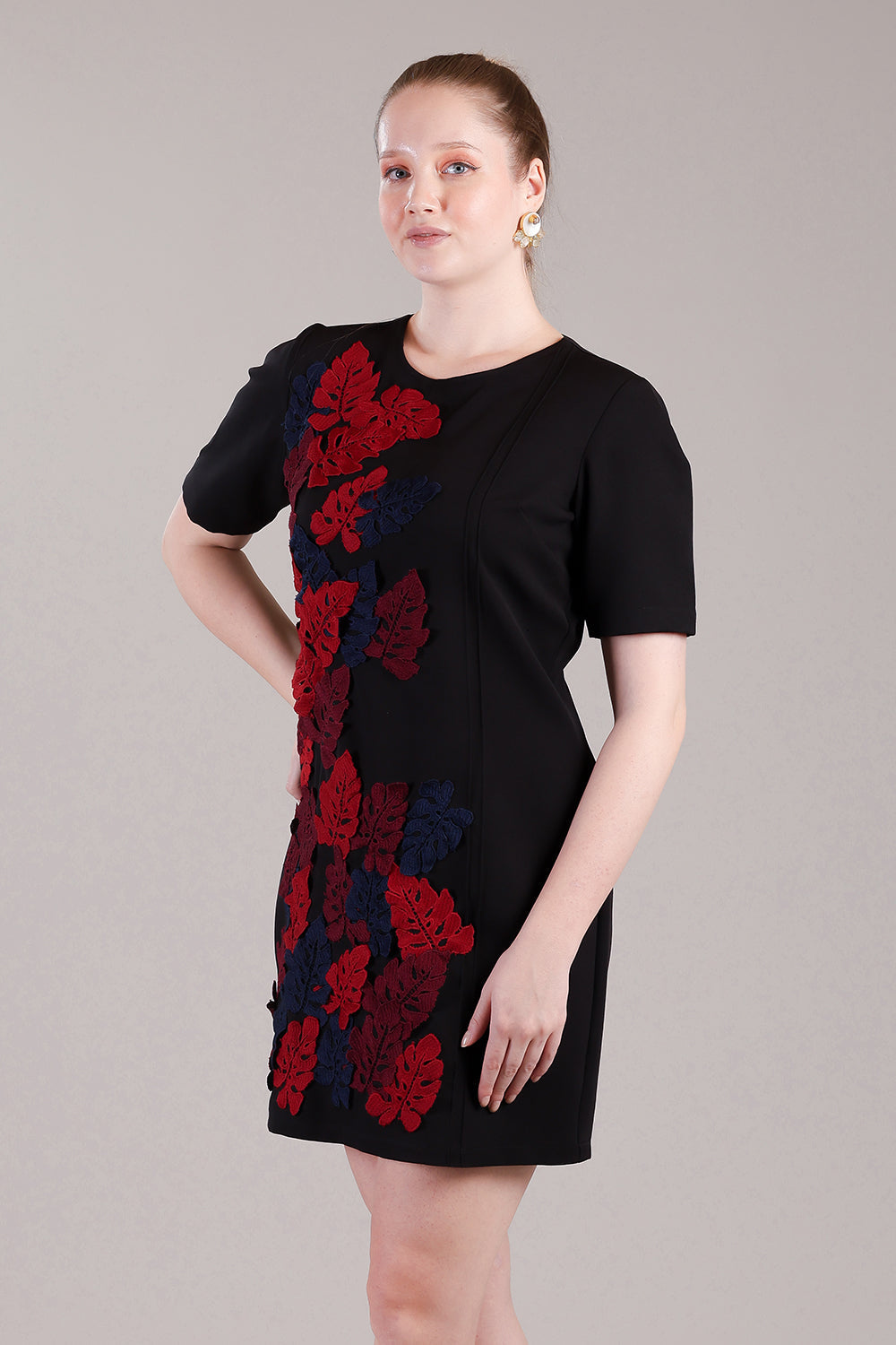 Black straight dress with multicolour leaves patchwork