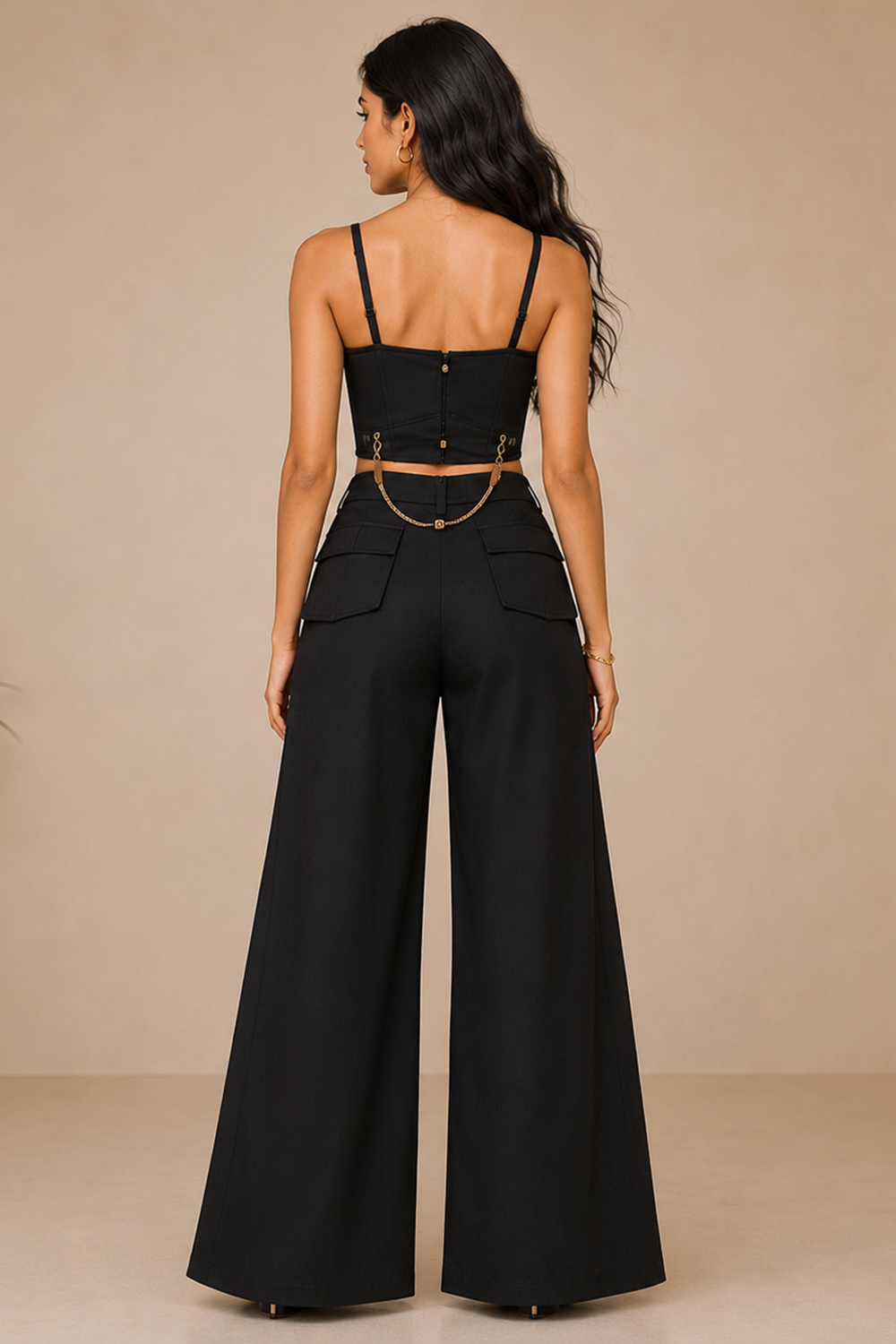 Black Corset Crop Top with Wide-Leg Mesh Cut-Out Pants Co-Ord Set