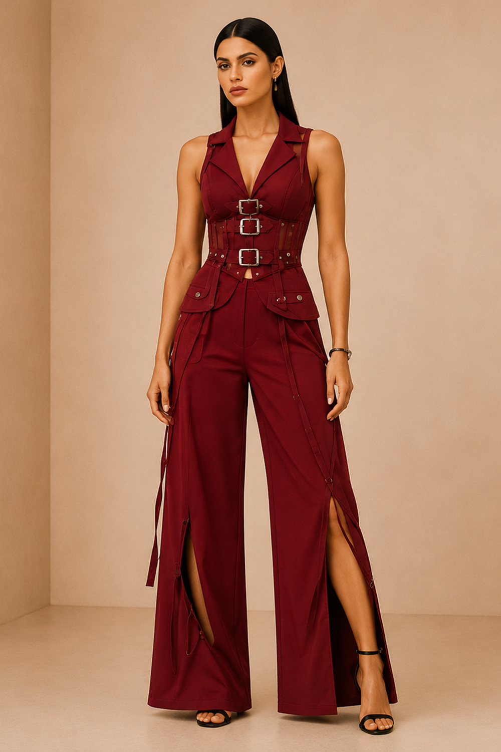Blood Red Buckle Corset Top & Wide-Leg Wrap Pants Co-Ord Set