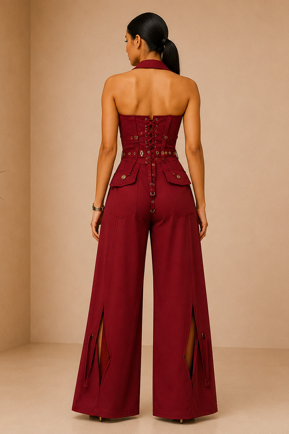 Blood Red Buckle Corset Top & Wide-Leg Wrap Pants Co-Ord Set