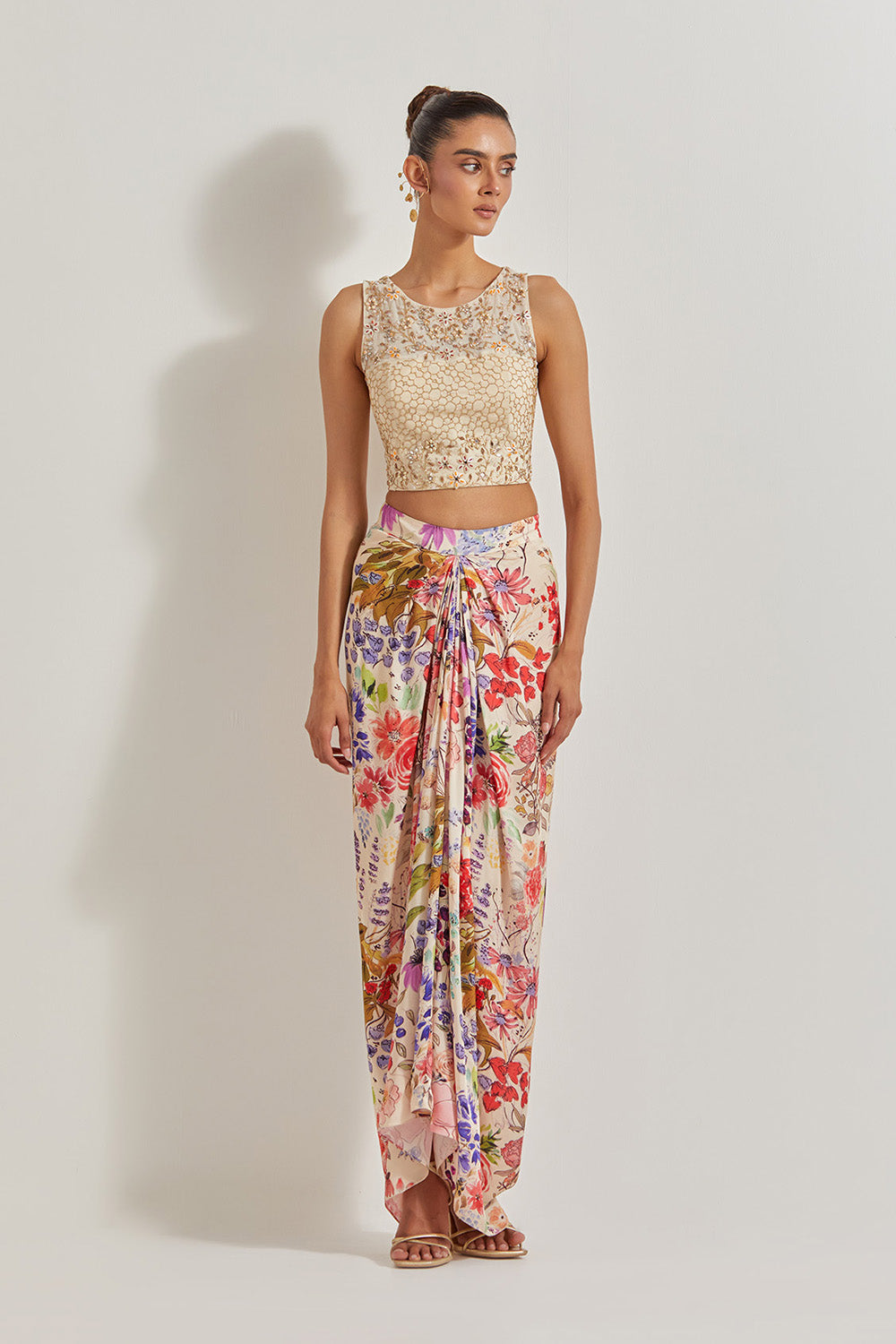 Blooming Burst Hand Embellished Top Paired With Satin Cowl Skirt