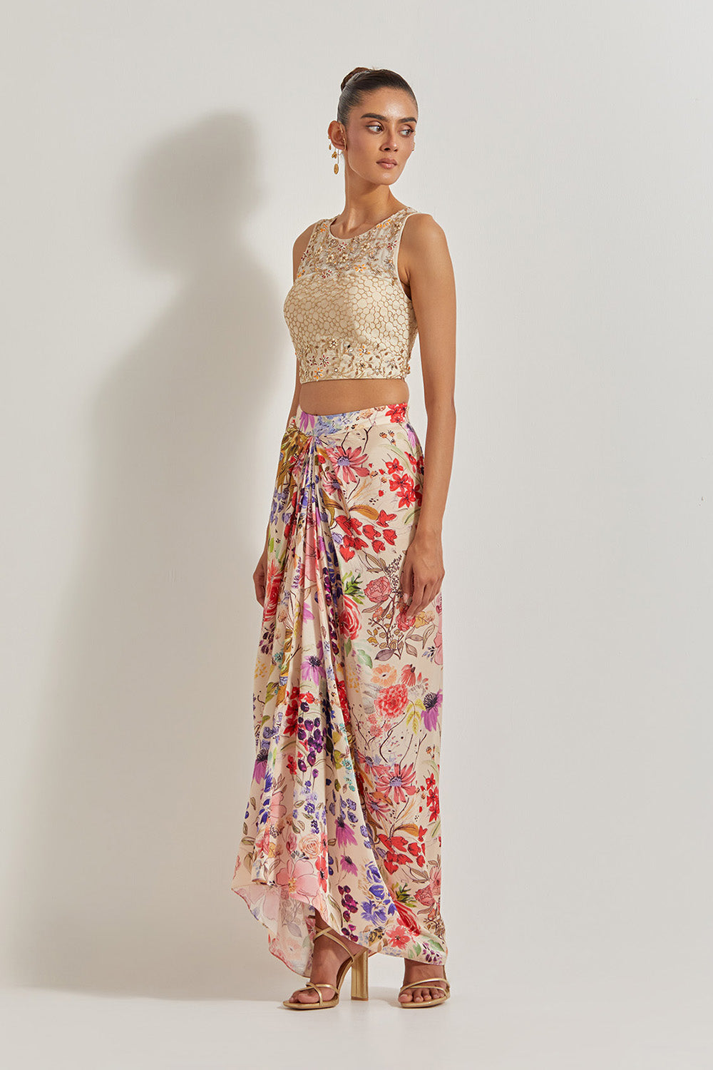 Blooming Burst Hand Embellished Top Paired With Satin Cowl Skirt