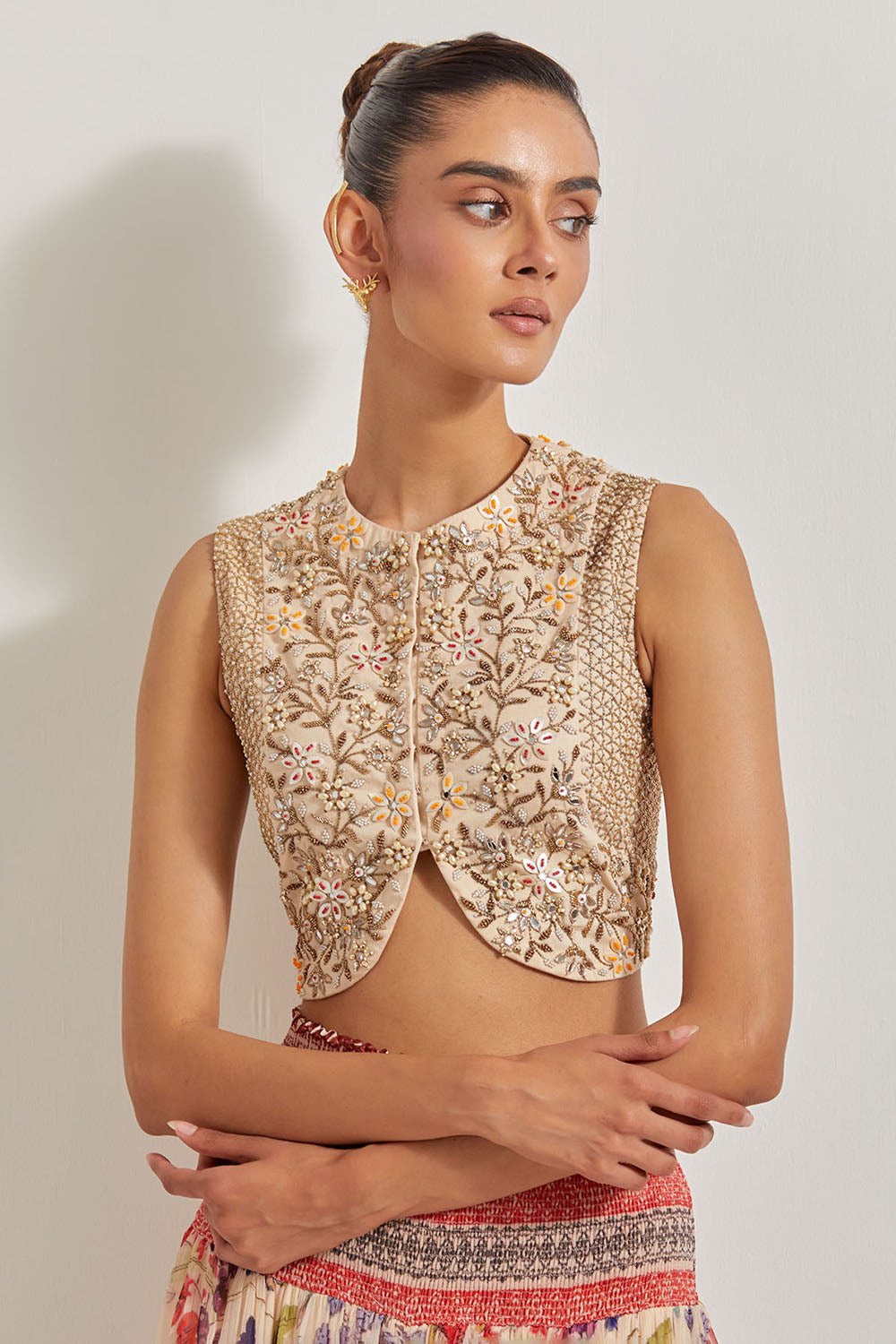 Blooming Burst Chiffon Tiered Skirt Paired With Hand Embellished Waist Coat