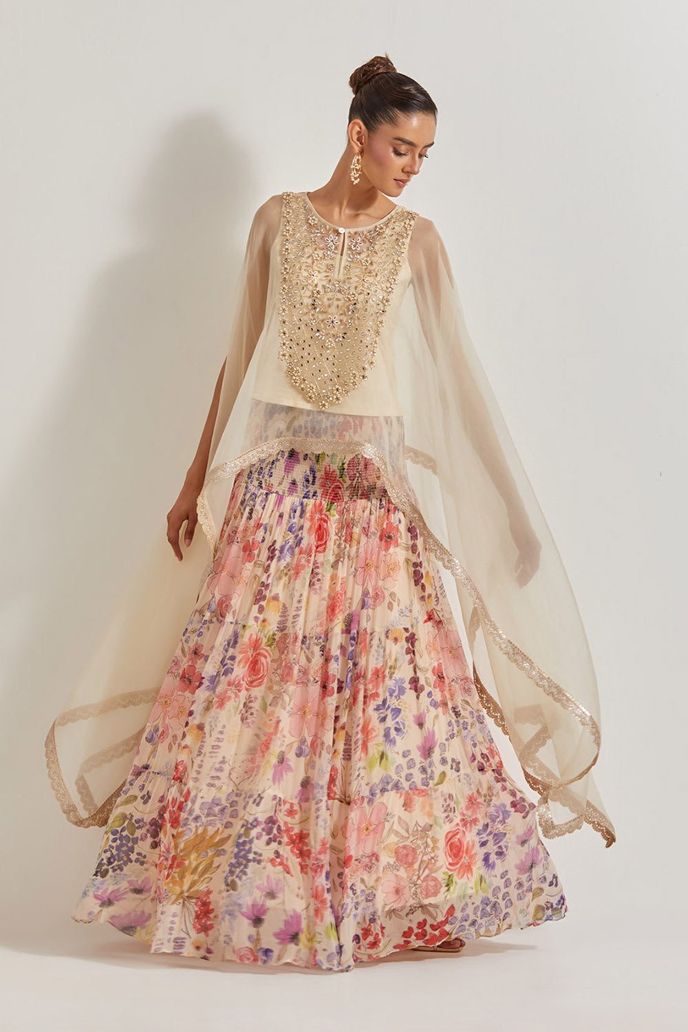 Blooming Burst Chiffon Tiered  Skirt Paired With  Organza Silk Hand Embllished Cape