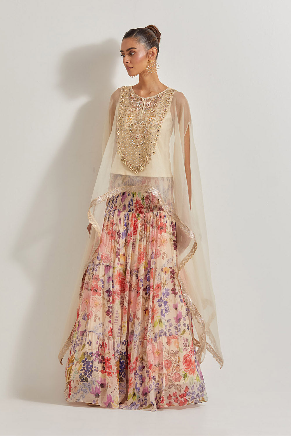 Blooming Burst Chiffon Tiered  Skirt Paired With  Organza Silk Hand Embllished Cape