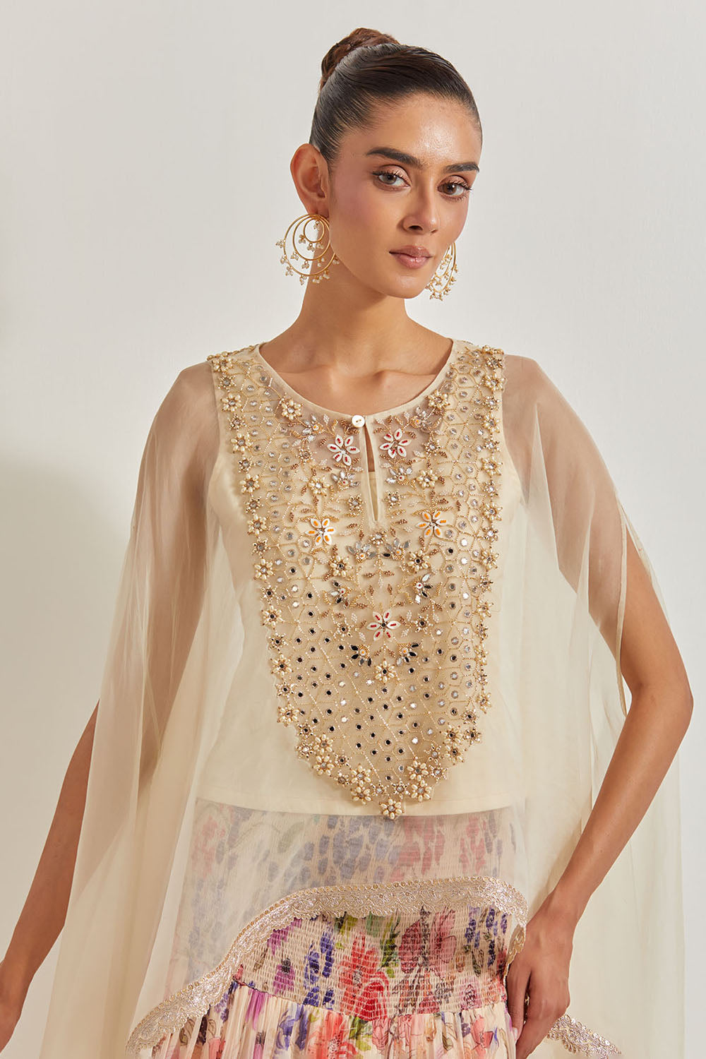 Blooming Burst Chiffon Tiered  Skirt Paired With  Organza Silk Hand Embllished Cape