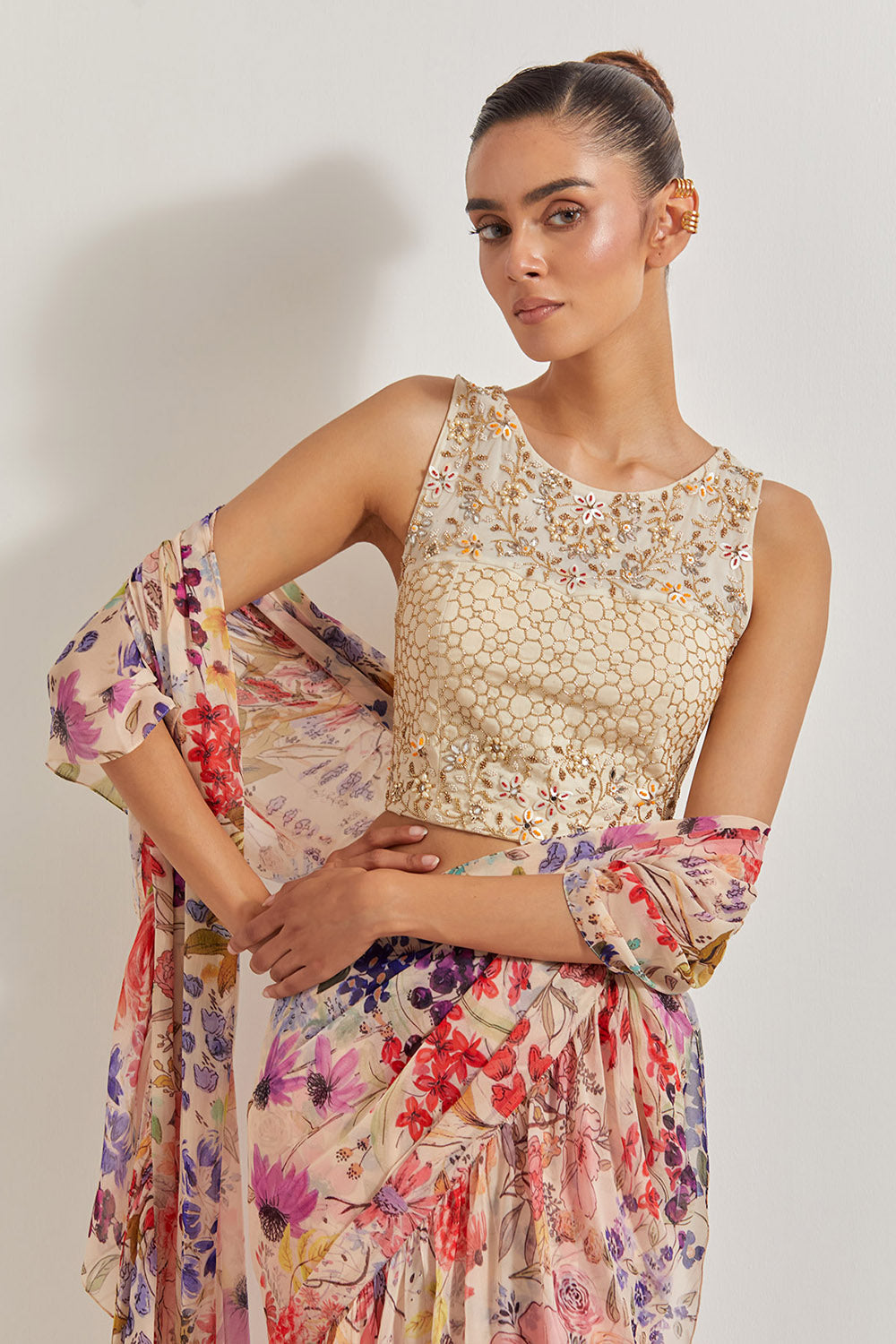 Blooming Burst Georgette Tiered Saree Paired With Hand Embellished Blouse
