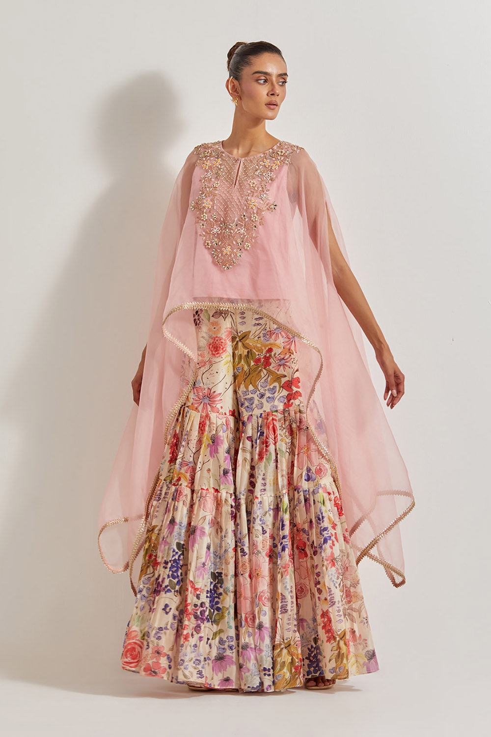 Blooming Burst  Pleated Chanderi Silk Sharara Paired With  Organza Silk Hand Embllished Cape
