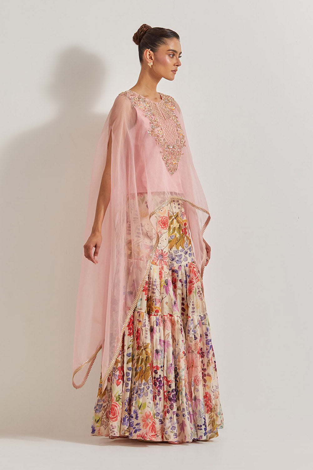 Blooming Burst  Pleated Chanderi Silk Sharara Paired With  Organza Silk Hand Embllished Cape