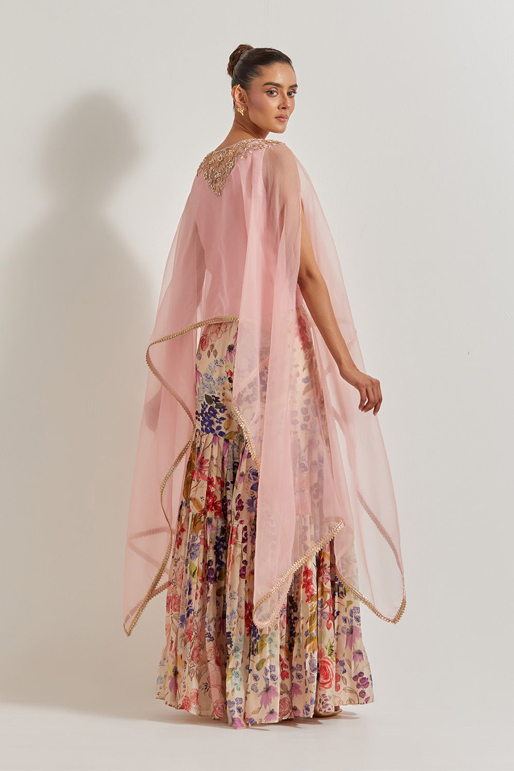 Blooming Burst  Pleated Chanderi Silk Sharara Paired With  Organza Silk Hand Embllished Cape