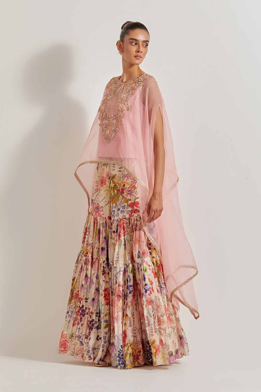Blooming Burst  Pleated Chanderi Silk Sharara Paired With  Organza Silk Hand Embllished Cape