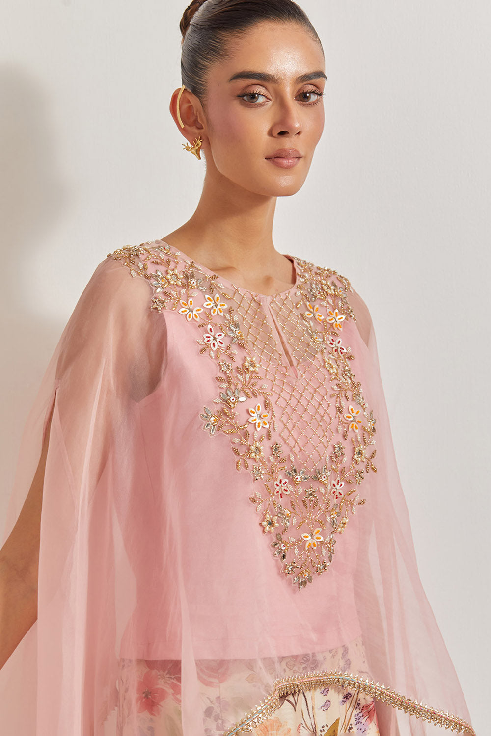 Blooming Burst  Pleated Chanderi Silk Sharara Paired With  Organza Silk Hand Embllished Cape