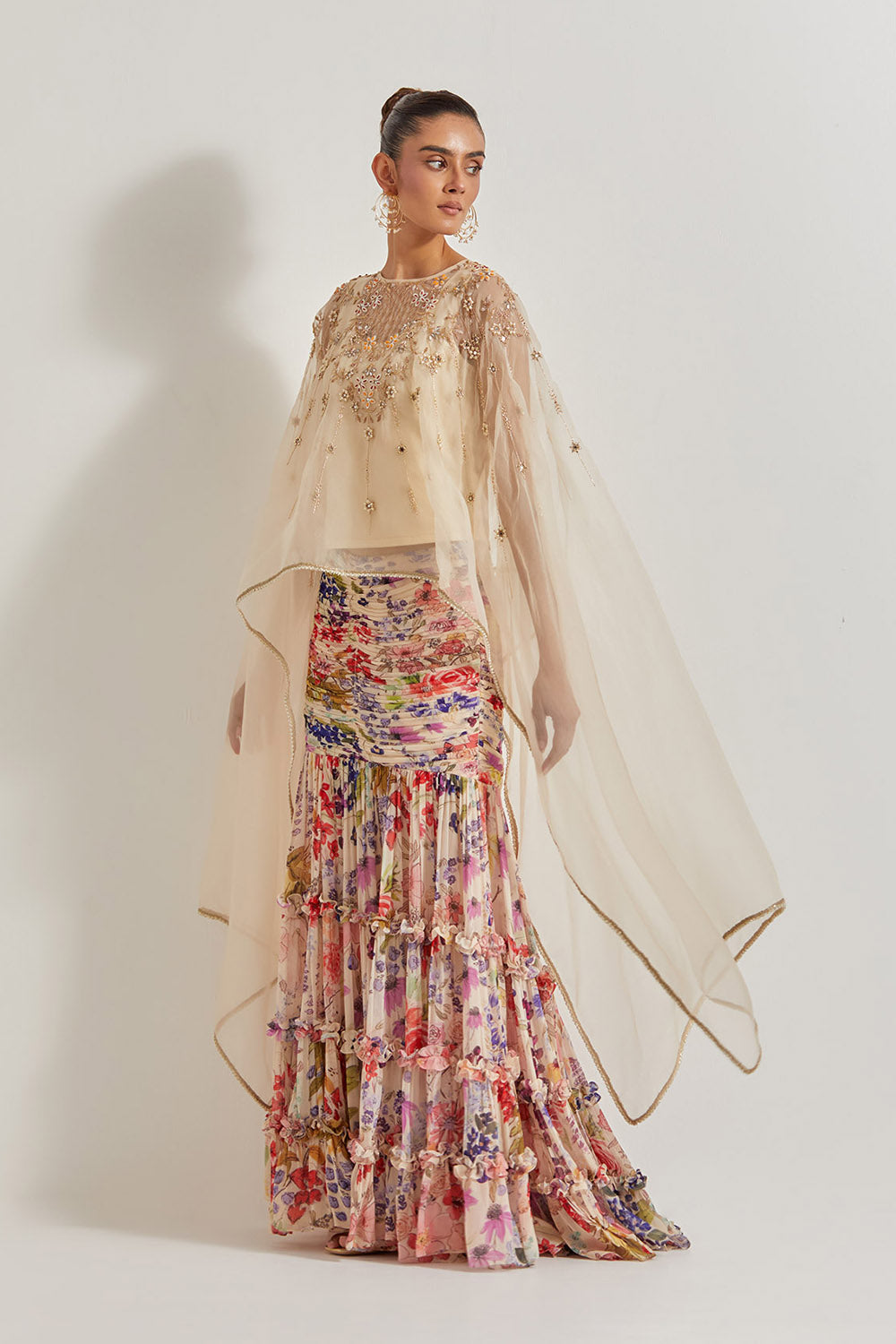 Blooming Burst Ruched  Tiered Skirt Paired With  Organza Silk Hand Embllished Cape