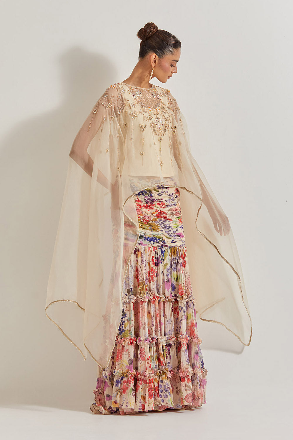 Blooming Burst Ruched  Tiered Skirt Paired With  Organza Silk Hand Embllished Cape