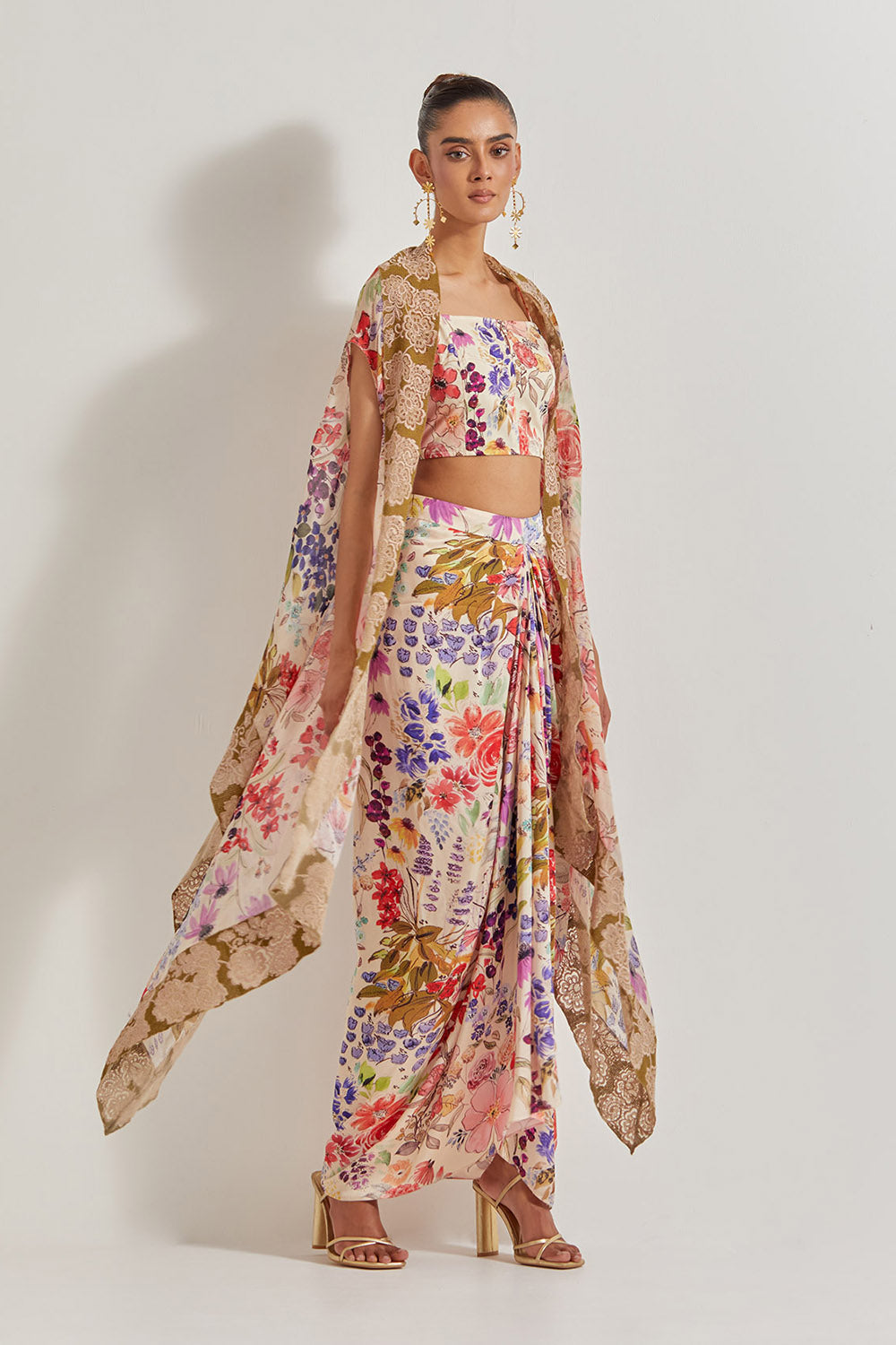 Blooming Burst  Satin Cowl Skirt Paired With Stretch Bustier And Georgette Cape With Lace Border