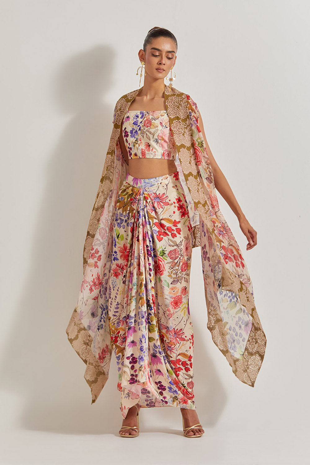 Blooming Burst  Satin Cowl Skirt Paired With Stretch Bustier And Georgette Cape With Lace Border