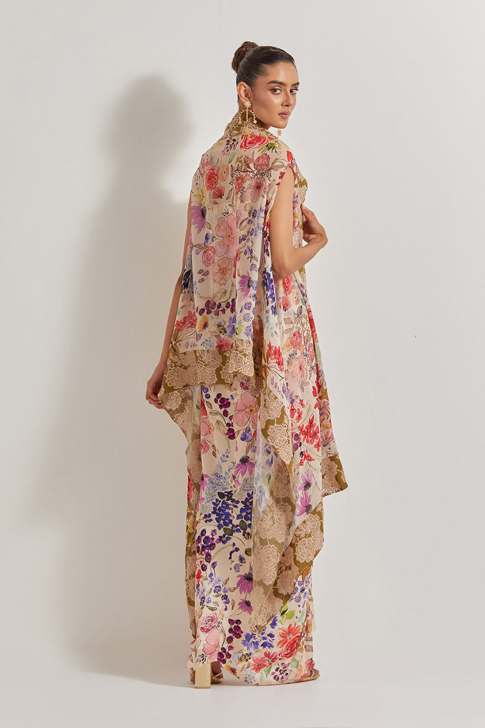 Blooming Burst  Satin Cowl Skirt Paired With Stretch Bustier And Georgette Cape With Lace Border