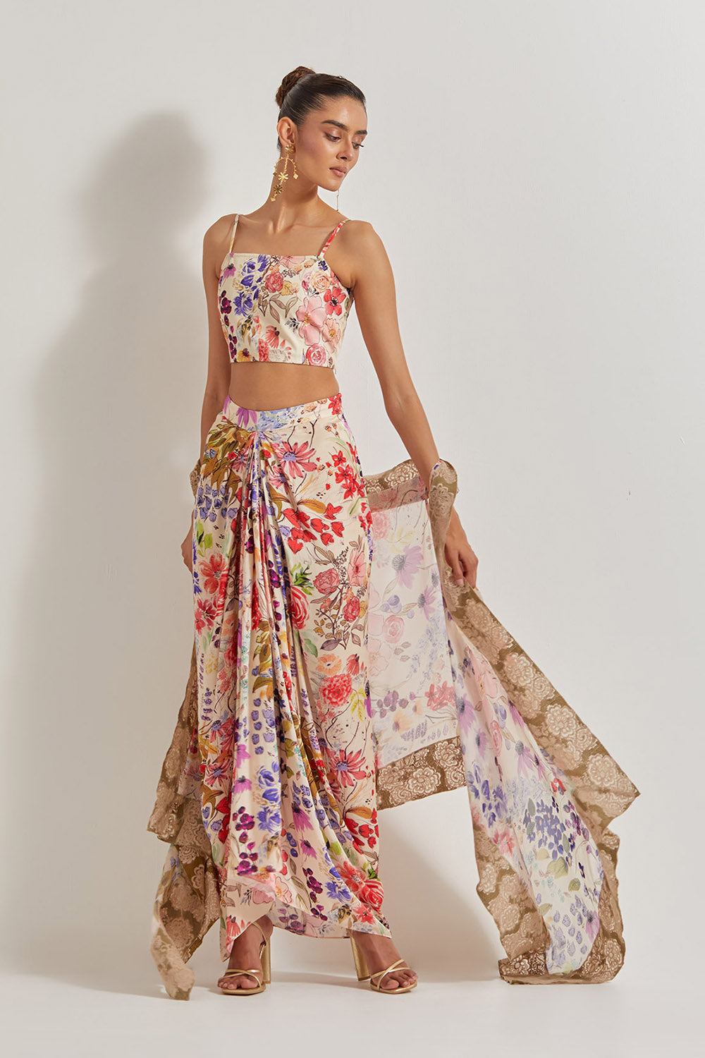 Blooming Burst  Satin Cowl Skirt Paired With Stretch Bustier And Georgette Cape With Lace Border