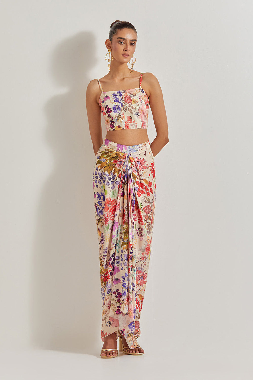 Blooming Burst  Satin Cowl Skirt Paired With Stretch Bustier And Georgette Cape With Lace Border
