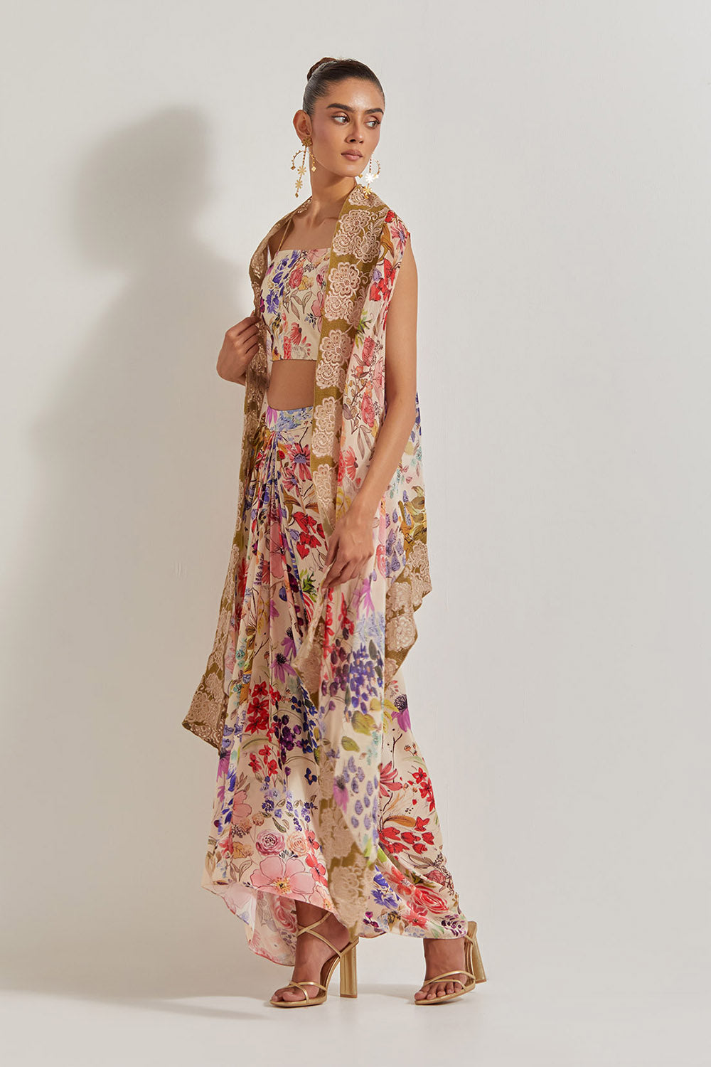 Blooming Burst  Satin Cowl Skirt Paired With Stretch Bustier And Georgette Cape With Lace Border