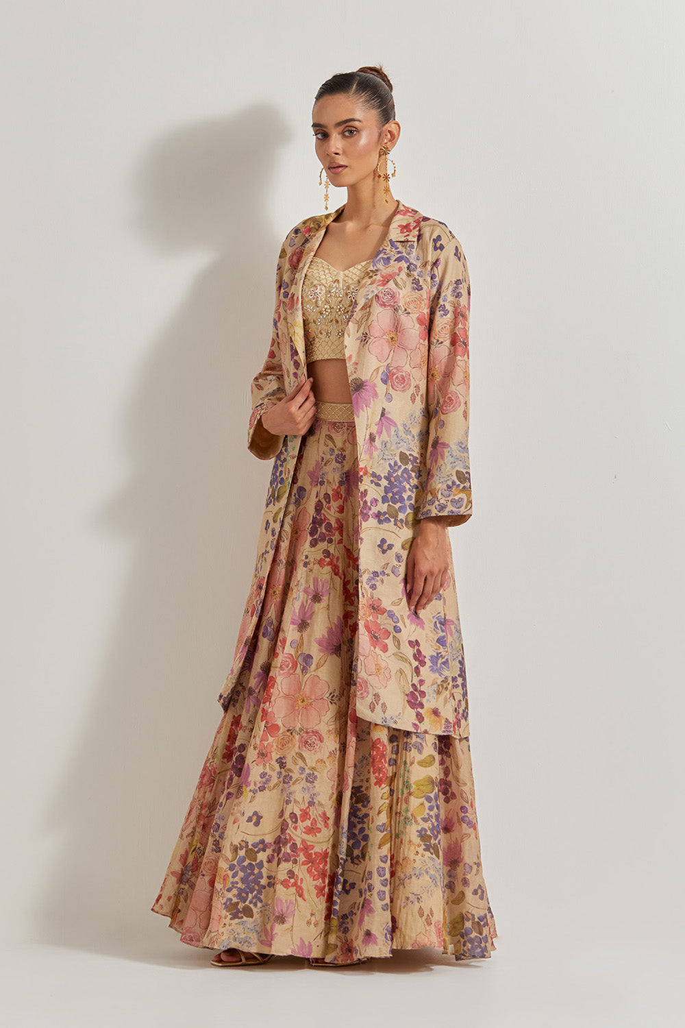Blooming Burst Tissue Chanderi Panelled Skirt Paired With Hand Emebellished Bustier And Long Jacket