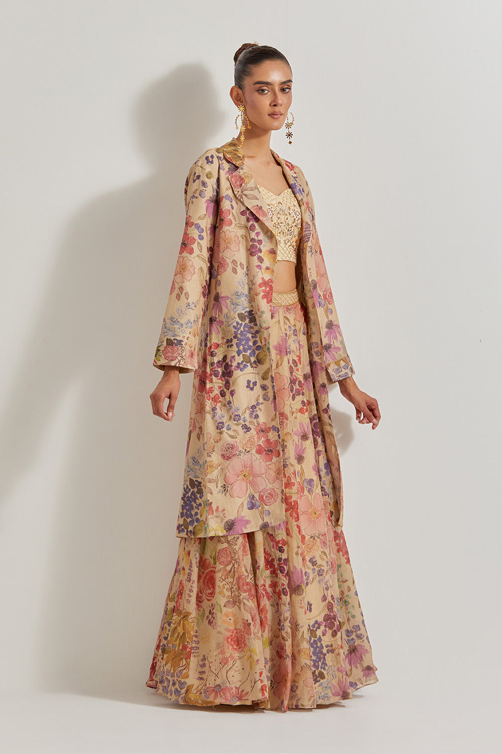 Blooming Burst Tissue Chanderi Panelled Skirt Paired With Hand Emebellished Bustier And Long Jacket