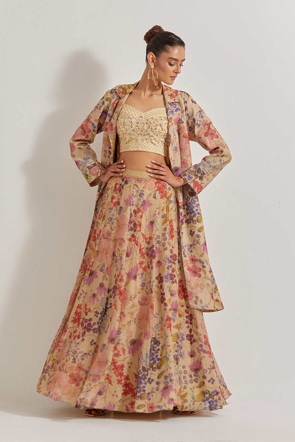 Blooming Burst Tissue Chanderi Panelled Skirt Paired With Hand Emebell