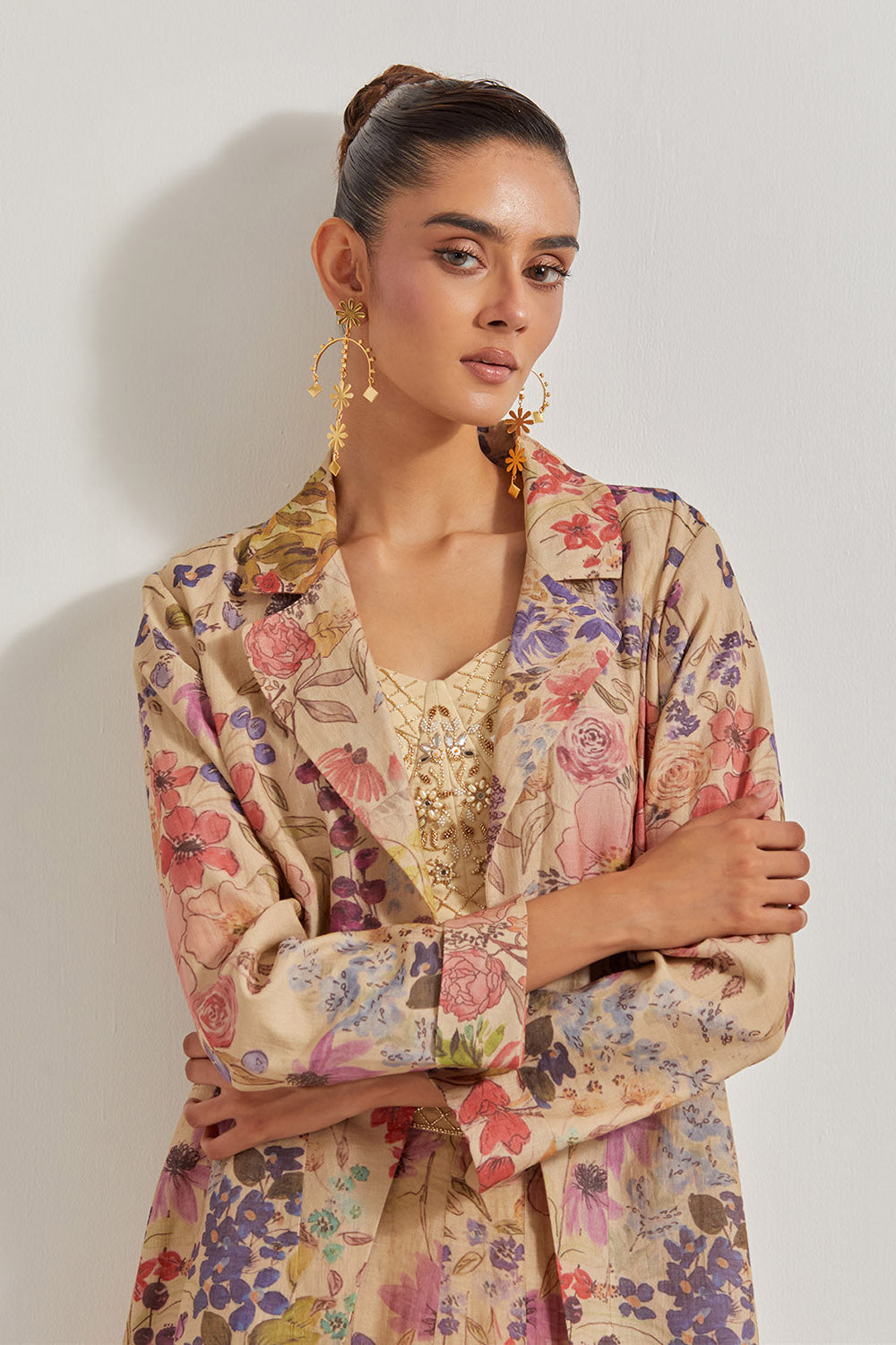 Blooming Burst Tissue Chanderi Panelled Skirt Paired With Hand Emebell