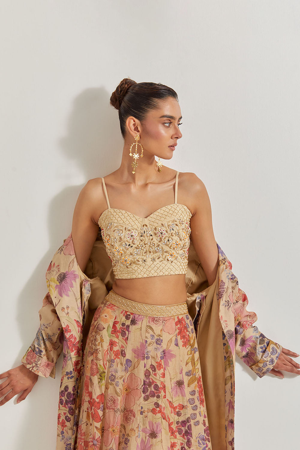 Blooming Burst Tissue Chanderi Panelled Skirt Paired With Hand Emebellished Bustier And Long Jacket