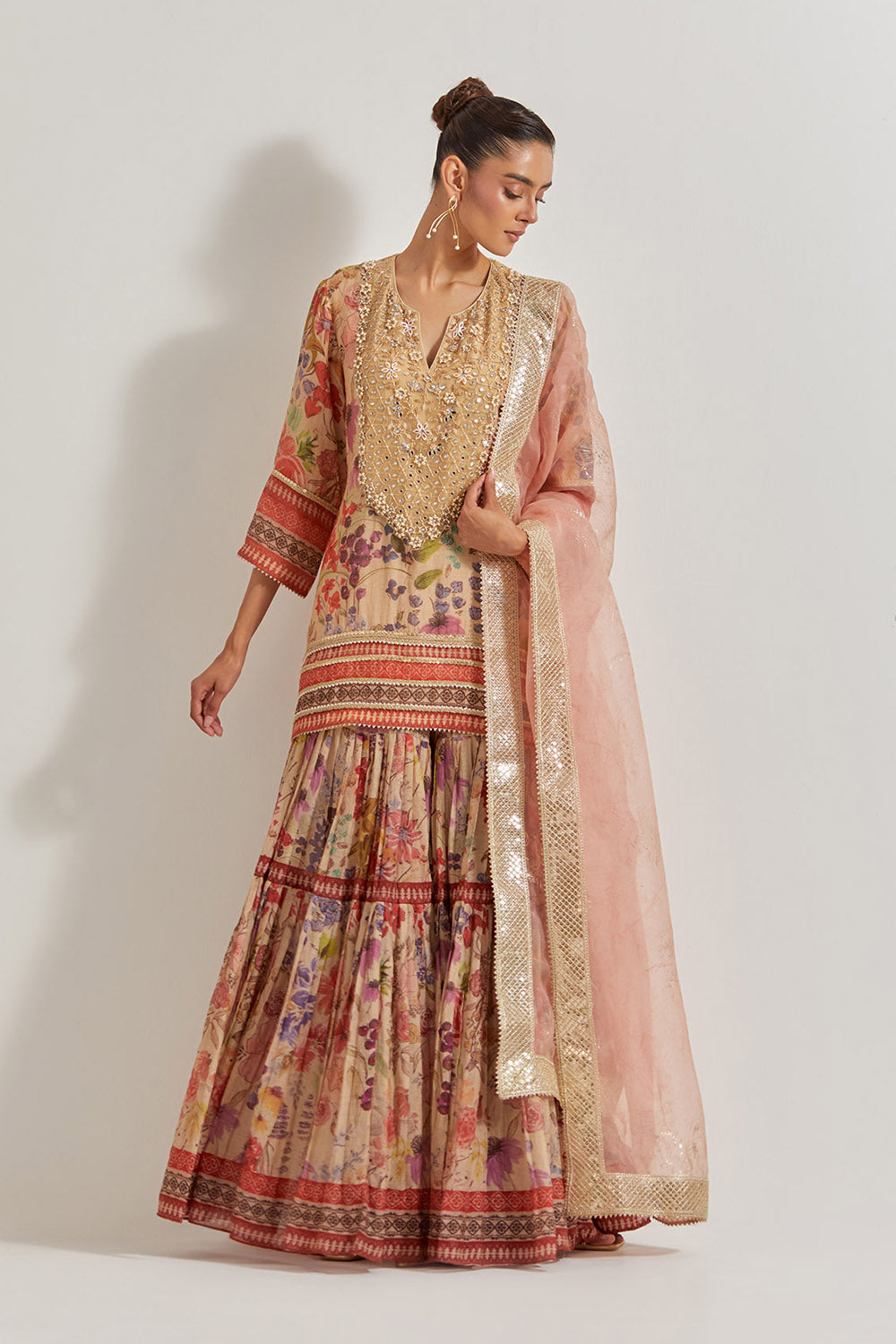 Blooming Burst Tissue Chanderi Sharara Set With Hand Embellished Neckline