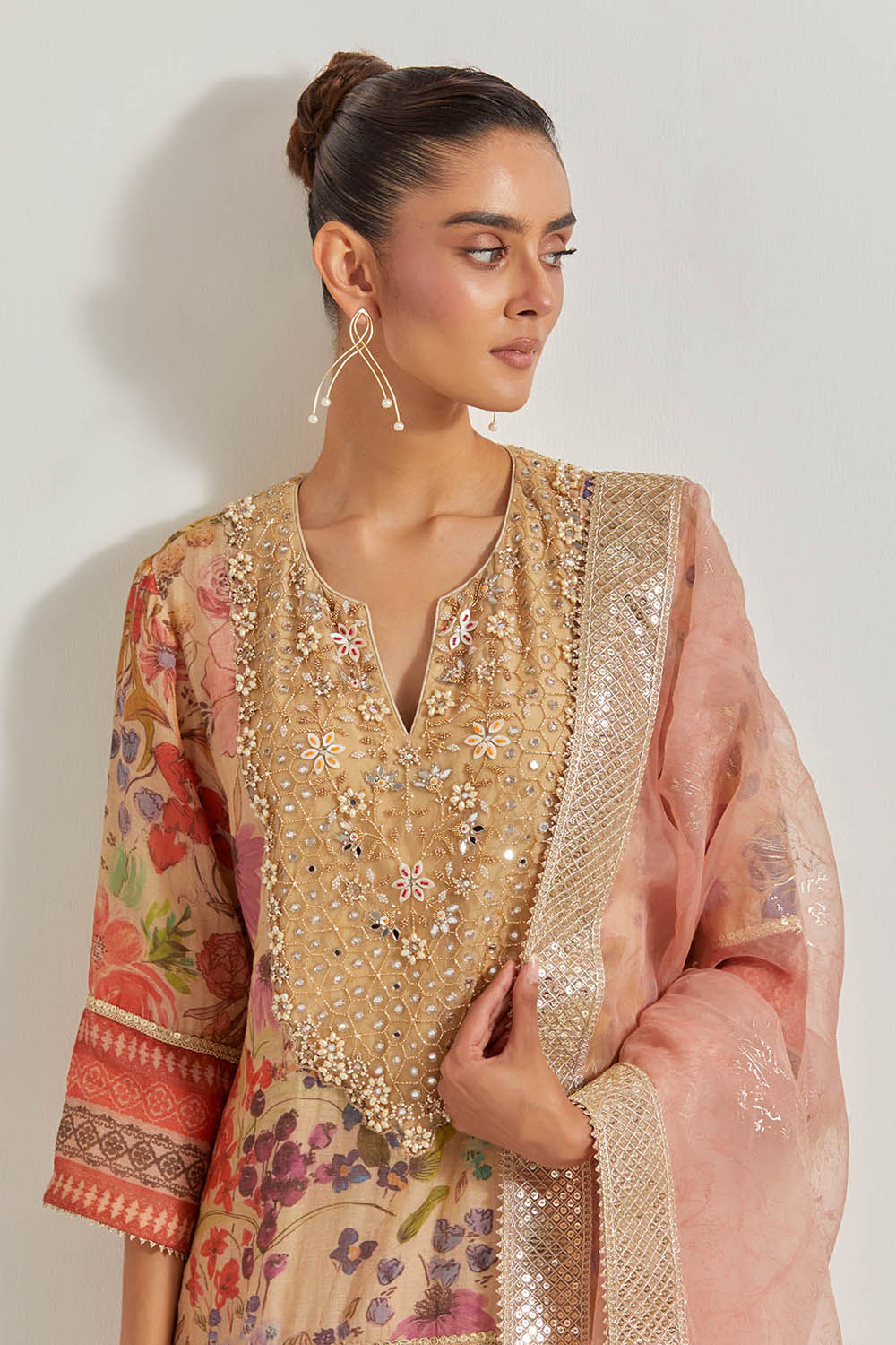 Blooming Burst Tissue Chanderi Sharara Set With Hand Embellished Neckline