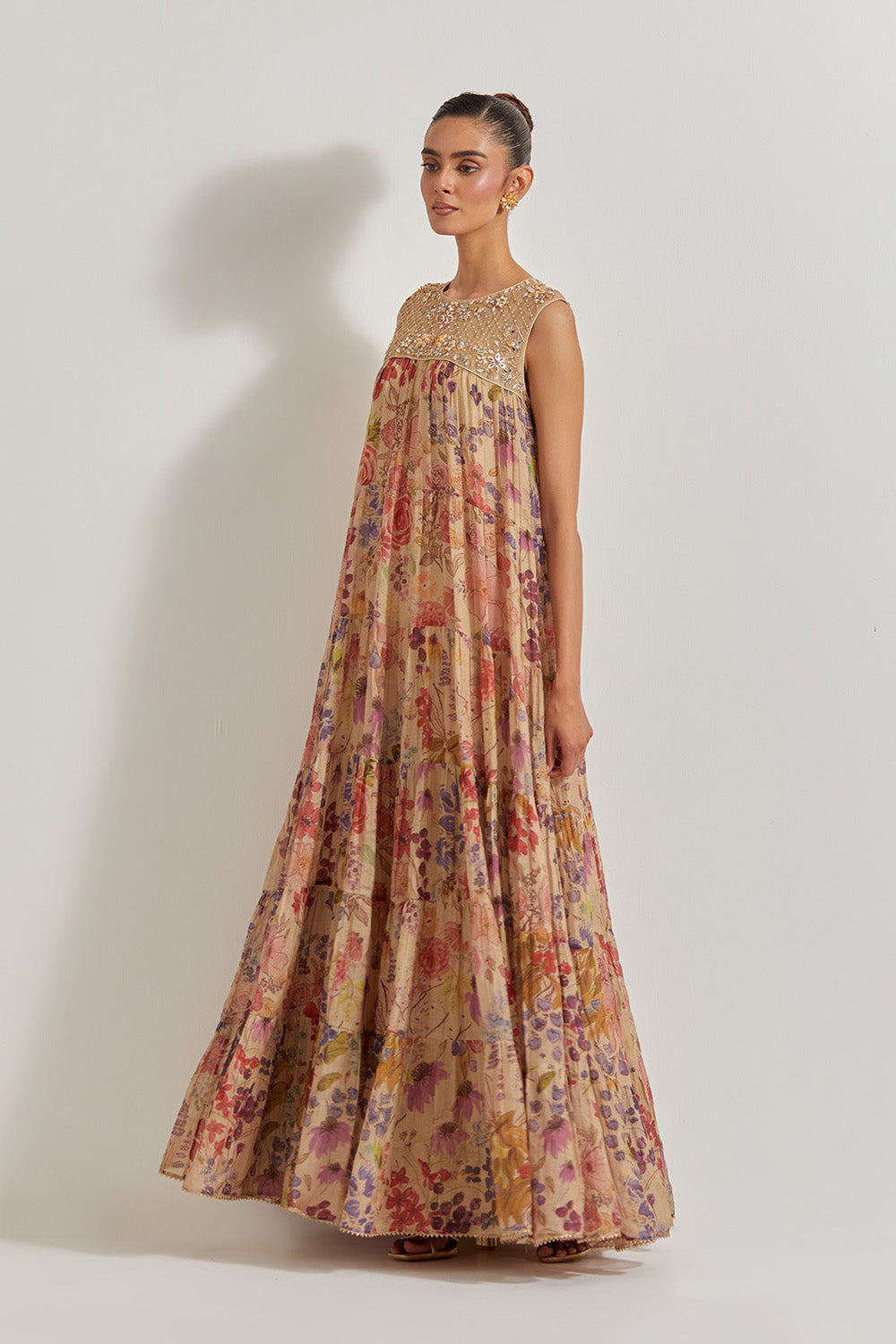 Blooming Burst Tissue Chanderi Tiered Hand Embellished Dress