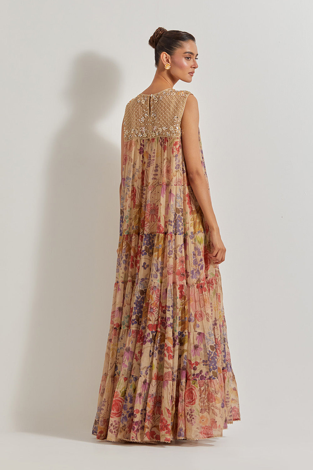 Blooming Burst Tissue Chanderi Tiered Hand Embellished Dress