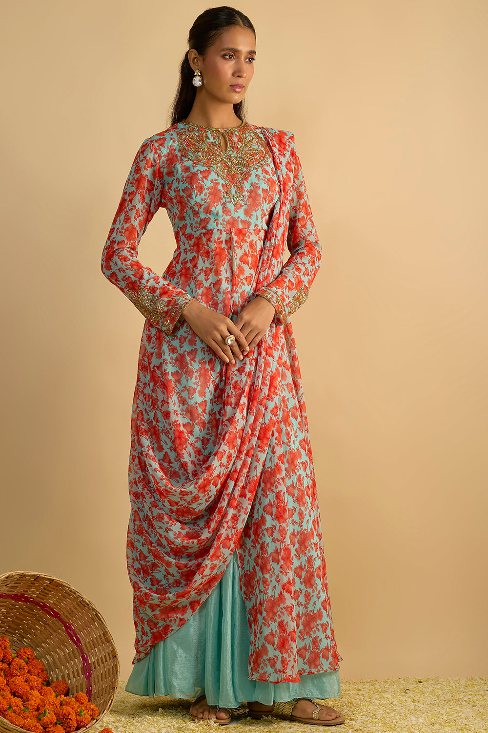 Blue and Orange Floral Printed Jacket Style Draped Kurta Hand Embroidered in Georgette with Silk Chiffon Gharara