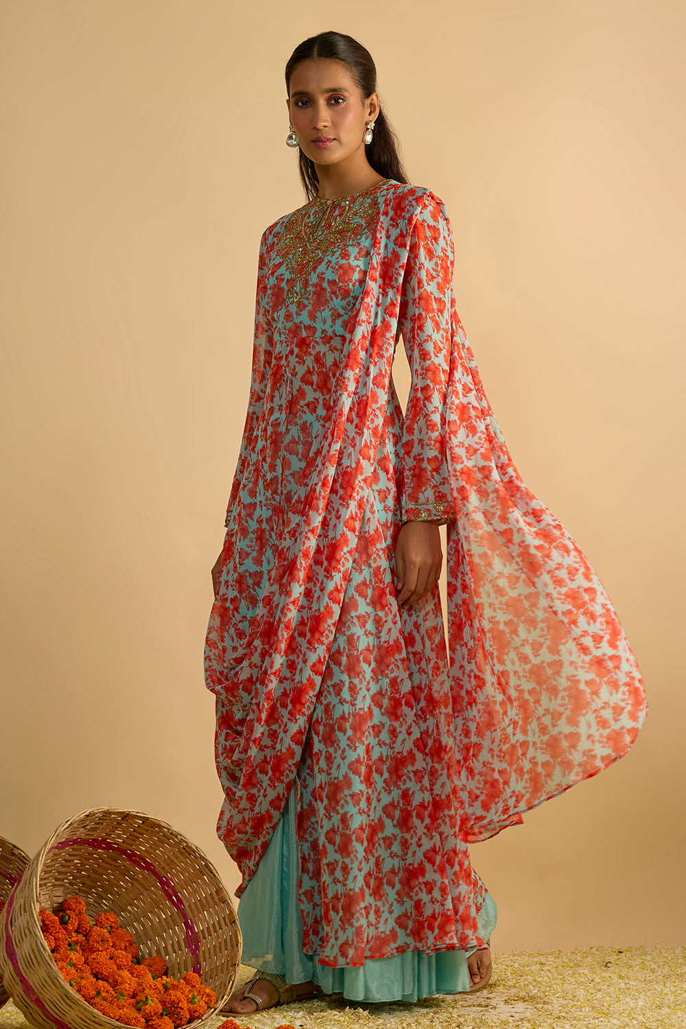 Blue and Orange Floral Printed Jacket Style Draped Kurta Hand Embroidered in Georgette with Silk Chiffon Gharara