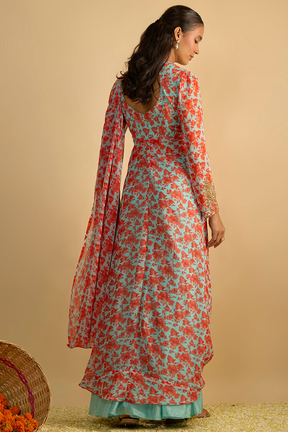 Blue and Orange Floral Printed Jacket Style Draped Kurta Hand Embroidered in Georgette with Silk Chiffon Gharara