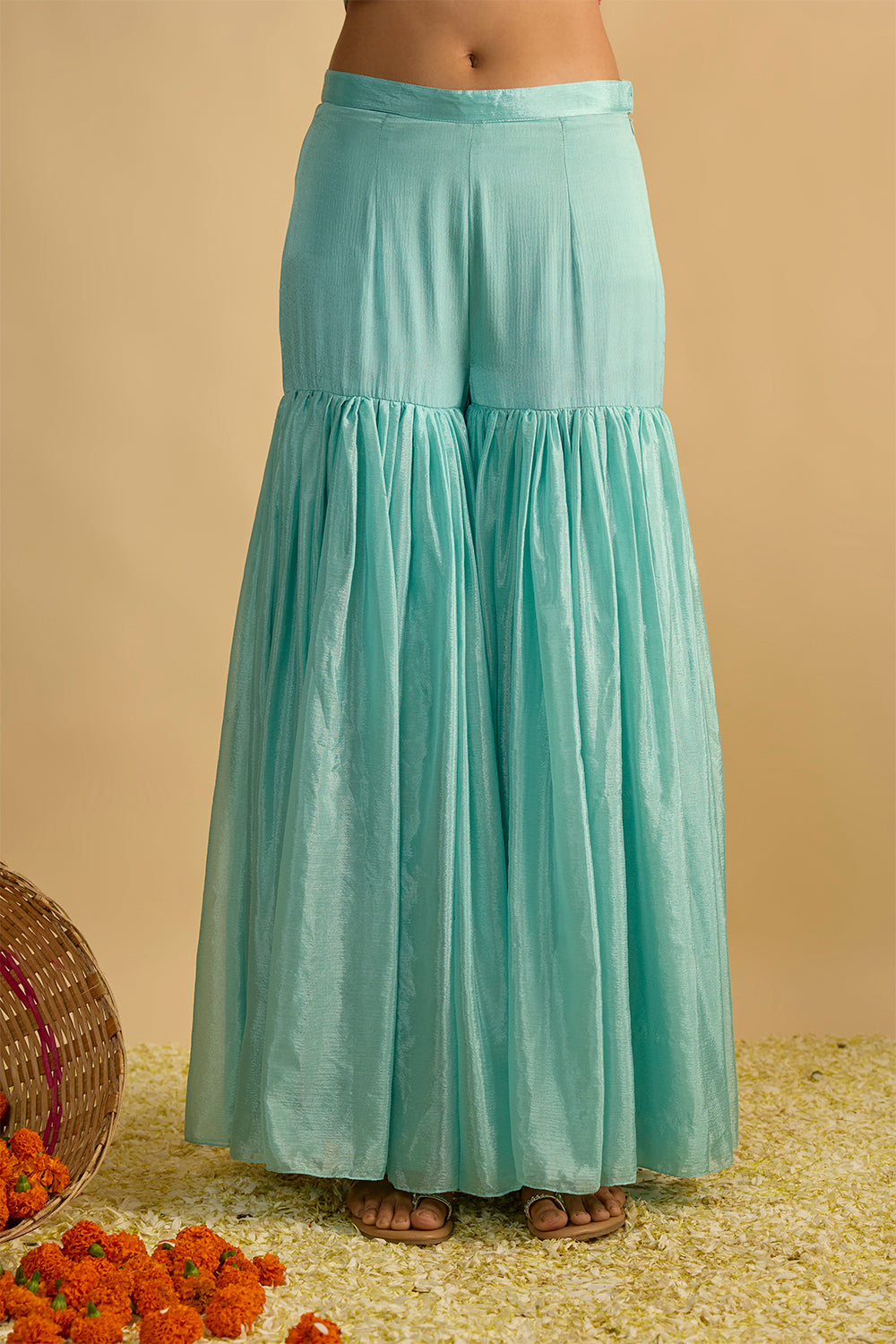 Blue and Orange Floral Printed Jacket Style Draped Kurta Hand Embroidered in Georgette with Silk Chiffon Gharara