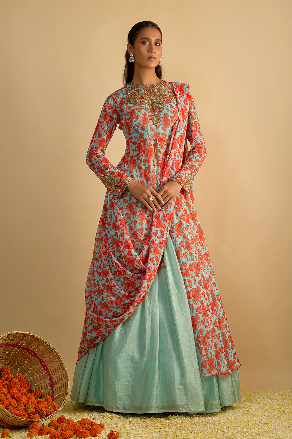Blue and Orange Floral Printed Jacket Style Draped Kurta Hand Embroidered in Georgette with Silk Chiffon Lehenga