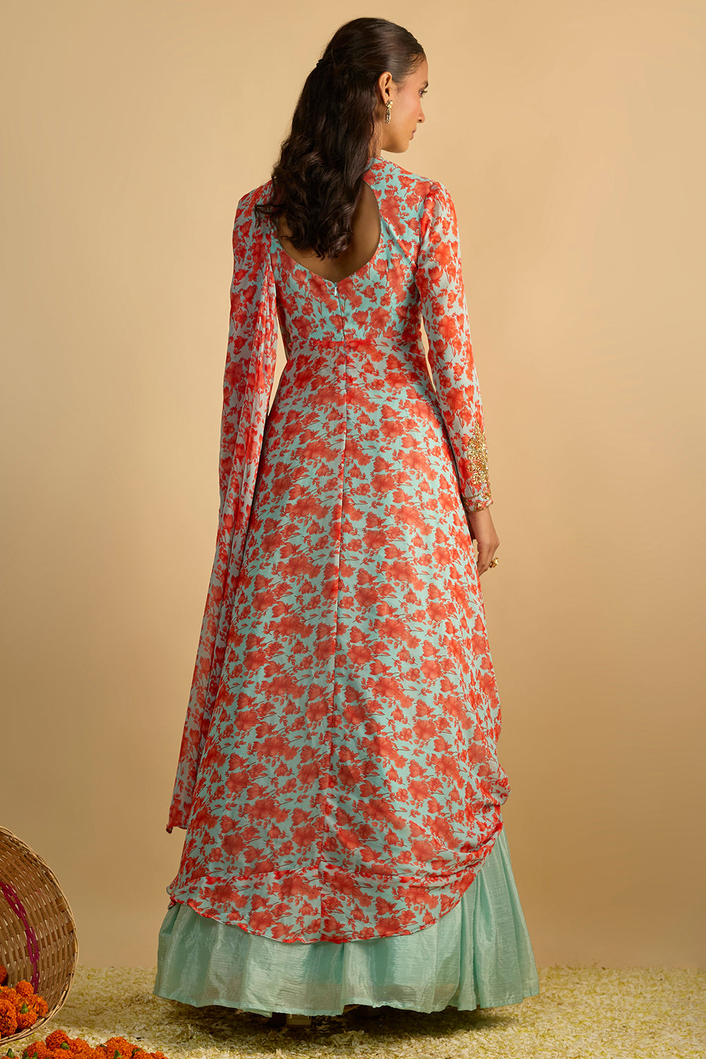 Blue and Orange Floral Printed Jacket Style Draped Kurta Hand Embroidered in Georgette with Silk Chiffon Lehenga