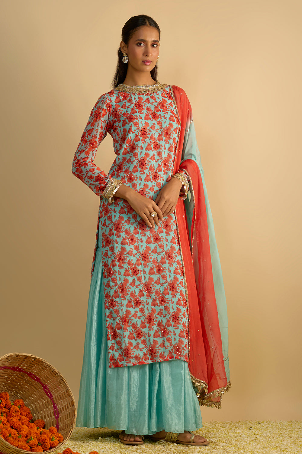 Blue and Orange Floral Printed Kurta Hand Embroidered in Georgette with Silk Chiffon Gharara and Chitta Work Organza Dupatta