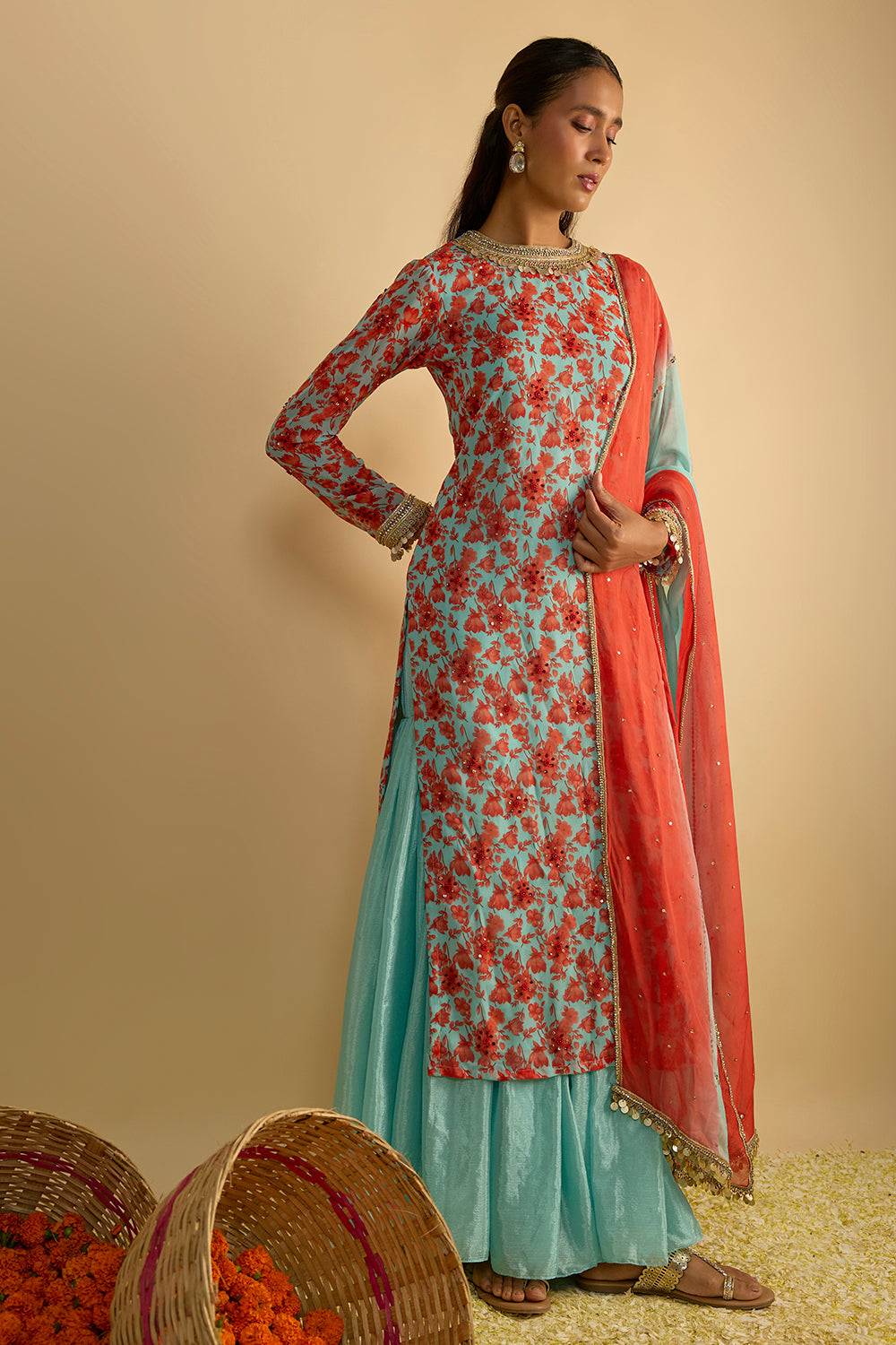 Blue and Orange Floral Printed Kurta Hand Embroidered in Georgette with Silk Chiffon Gharara and Chitta Work Organza Dupatta