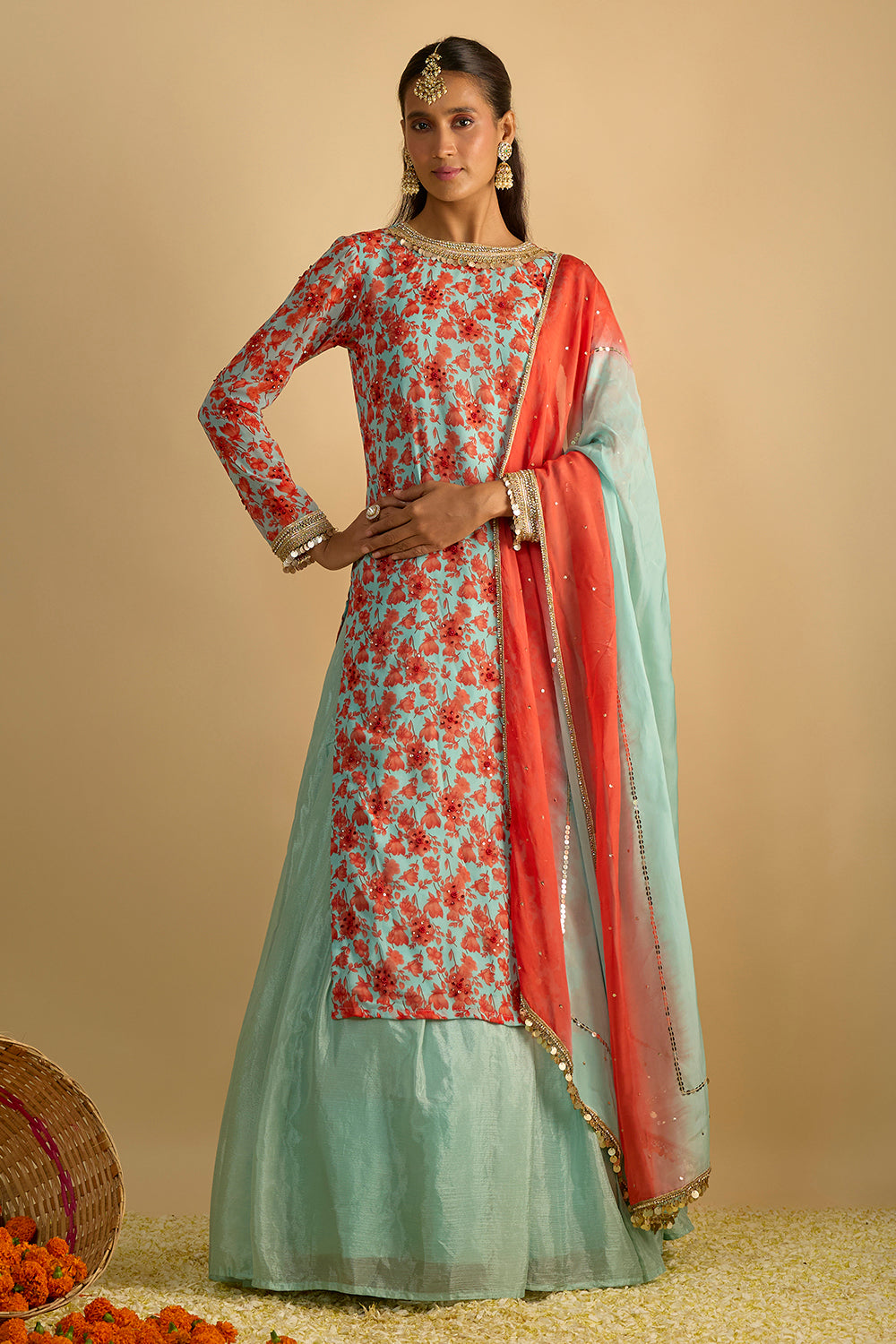 Blue and Orange Floral Printed Kurta Hand Embroidered in Georgette with Silk Chiffon Lehenga and Chitta Work Organza Dupatta