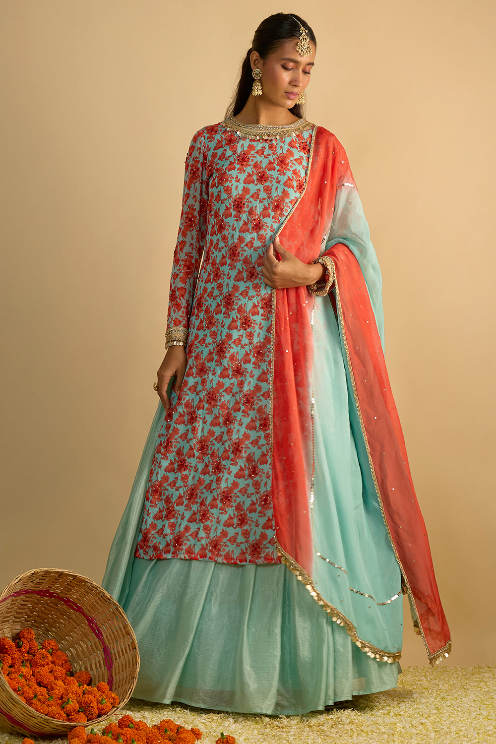 Blue and Orange Floral Printed Kurta Hand Embroidered in Georgette with Silk Chiffon Lehenga and Chitta Work Organza Dupatta