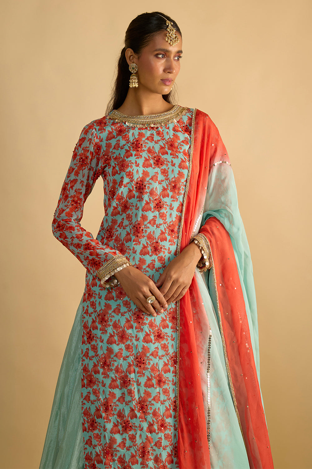 Blue and Orange Floral Printed Kurta Hand Embroidered in Georgette with Silk Chiffon Lehenga and Chitta Work Organza Dupatta