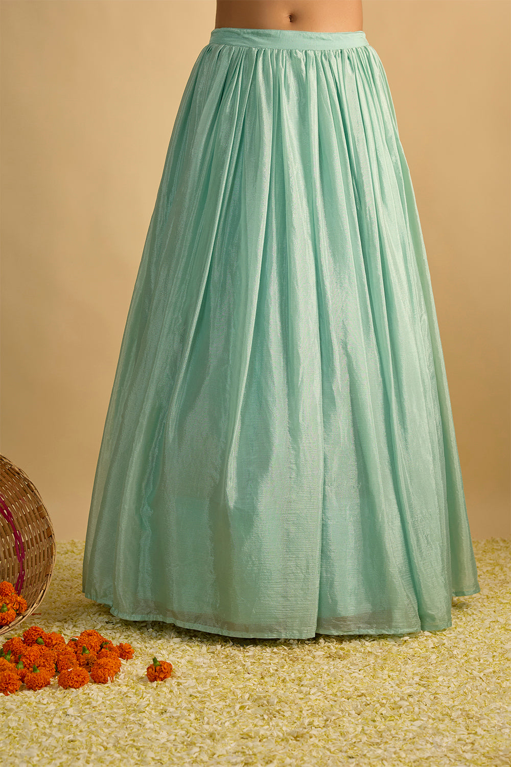 Blue and Orange Floral Printed Kurta Hand Embroidered in Georgette with Silk Chiffon Lehenga and Chitta Work Organza Dupatta