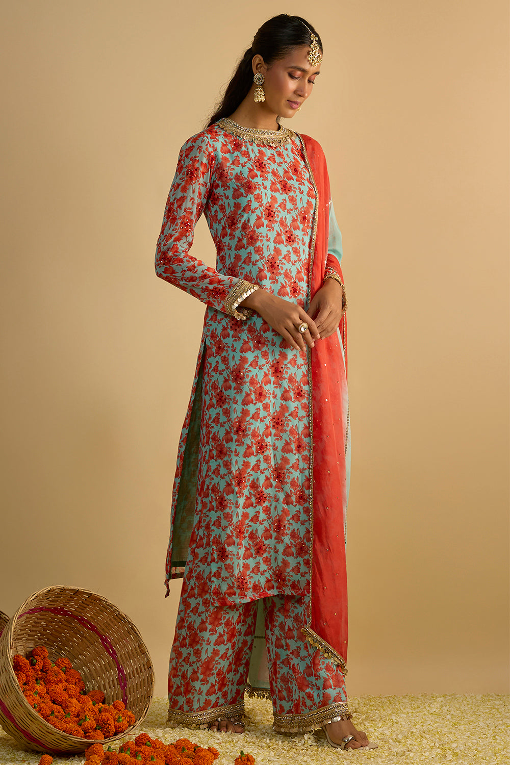 Blue and Orange Floral Printed Kurta Set Hand Embroidered in Georgette with Shaded Organza Chitta Work Organza Dupatta